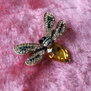 Bee Brooch With Amber, Green, Pink, & AB Colored Rhinestone Detailing, Goldtone